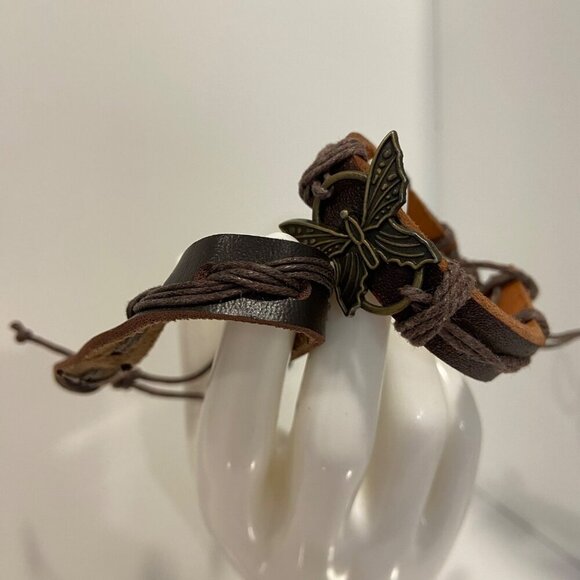 Boho Leather & Cord Butterfly Charm 2 set Bracelets genuine leather brown nature - Picture 5 of 13